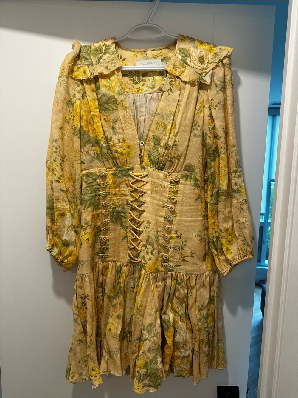 Zimmermann Yellow Floral Lace-Up Mini Dress